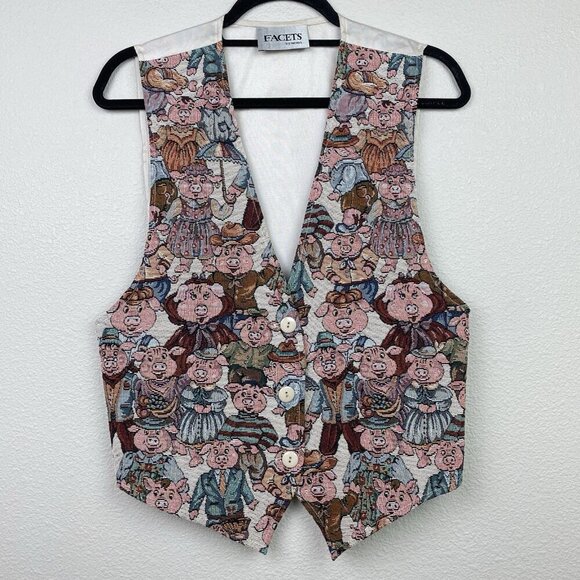 Vtg Facets By Mirrors Men's Medium Pig Print Tapestry Vest Quirky Piggy Button - Picture 1 of 16